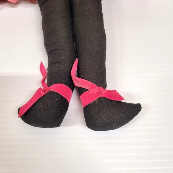 Ragdoll 19'' Handmade Vintage Stuffed Doll Pom Pom Black Yarn Hair Dress - Picture 5 of 7